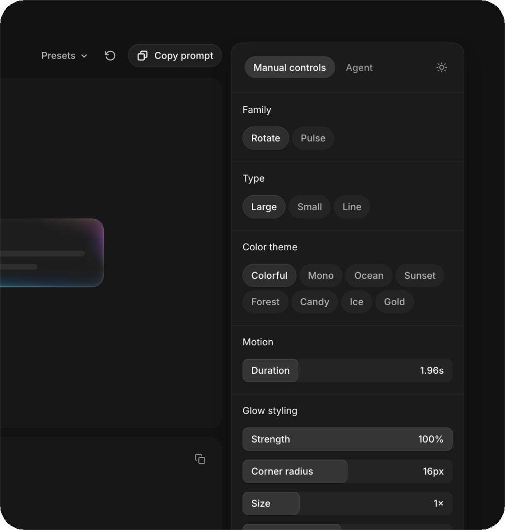 The Studio's manual controls: family, type, colour theme, motion and glow styling for Border beam.